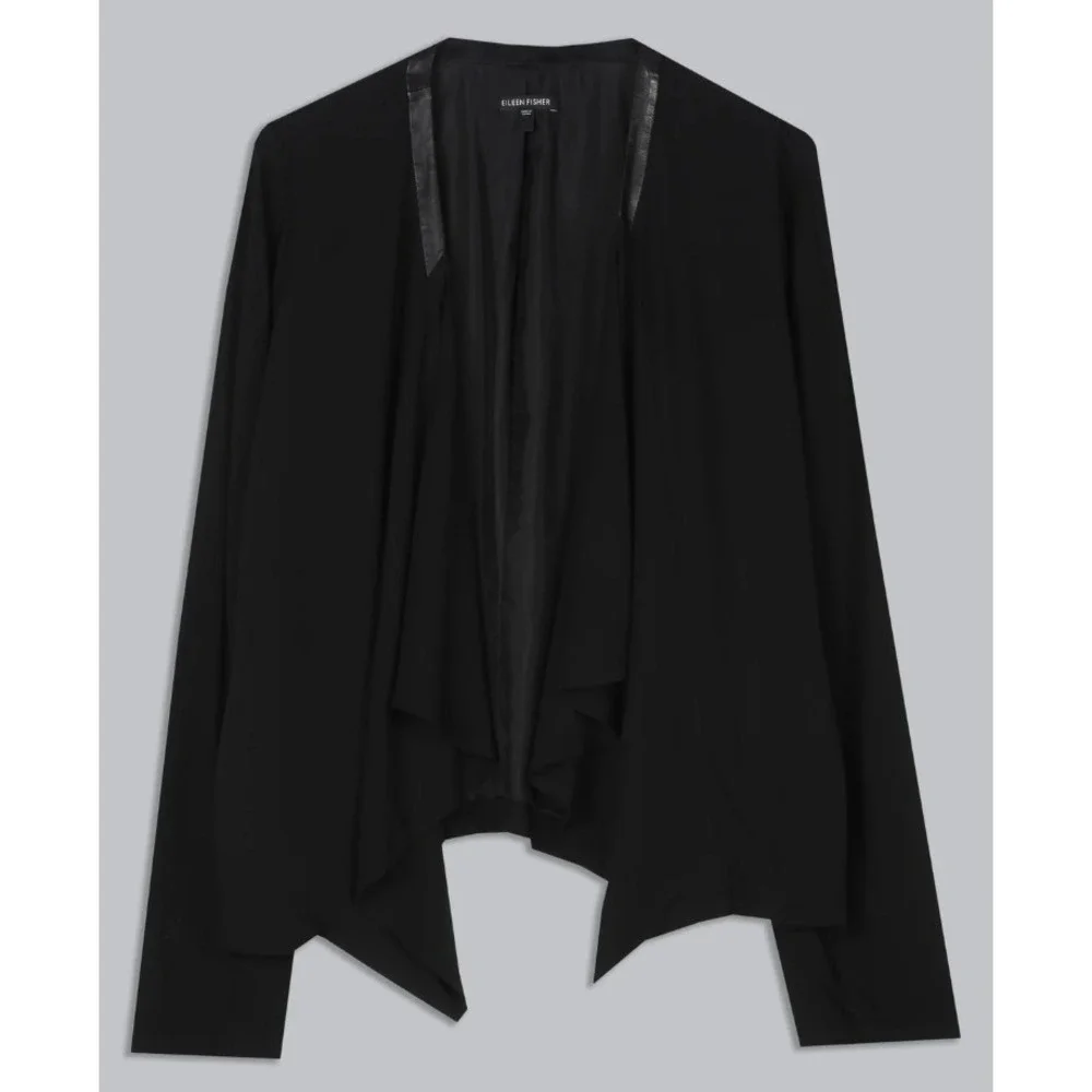 Eileen Fisher Georgette Crepe Jacket Womens Large Black Silk Leather Sustainable